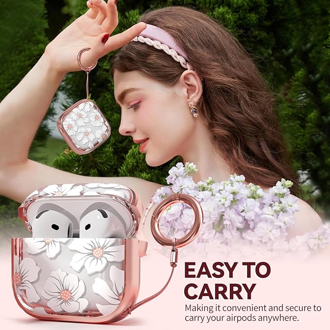 Inesore with Safety Lock for AirPods 4 Case,Clear Floral Cute AirPod 4th Generation Case for Women Girly with Cleaner Kit and Keychain-Black+Gold White Lily