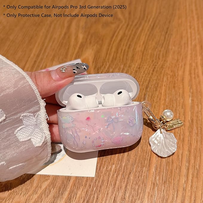 for AirPod Pro 3 Case 2025 Cute Shell Pearl Ocean Design for Women Girls TPU Protective Cover with Keychain Compatible for AirPods Pro 3rd Generation (Glitter Jellyfish)