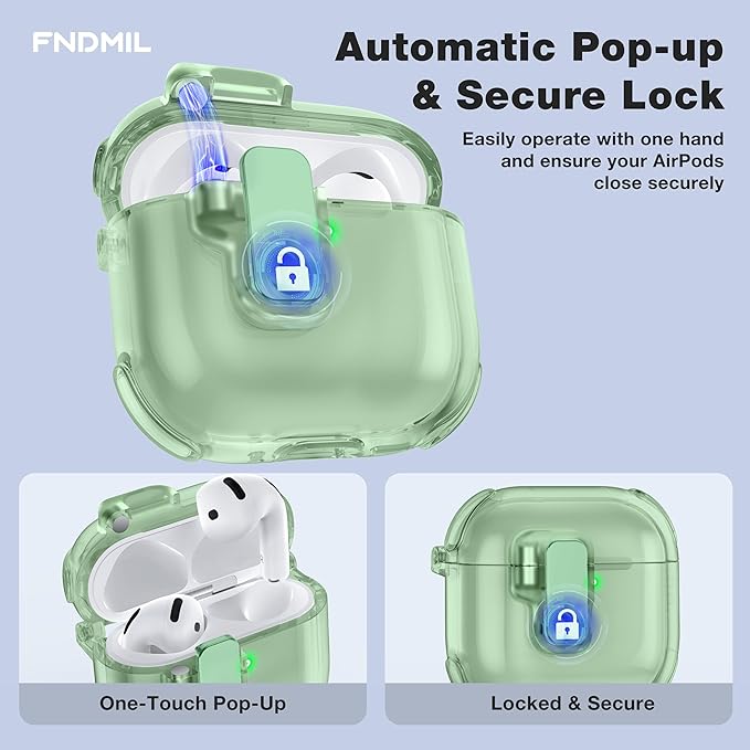 Clear Case for AirPods 4 Case Cover with [Lock Safety & Pop Up][Military Shockproof] Anti-Yellow Transparent Soft TPU Wireless Charging for AirPods 4th Generation Case with Keychain,Clear Green