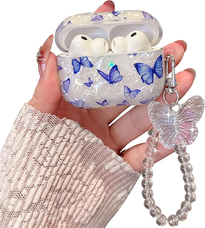 for Airpod Pro 3 Case 2025 Cute White Marble TPU Protective Cover with Keychain Compatible with AirPods Pro 3rd Generation Case for Girls Women (Bluish-Purple Butterfly)