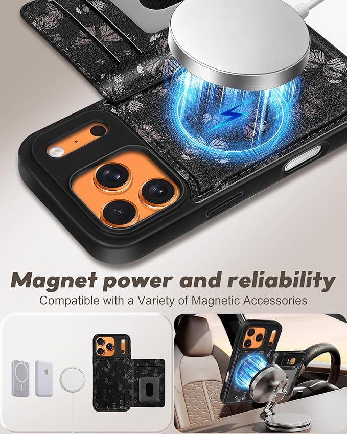 for iPhone 17 Pro Case with Wallet - Fits 4 Card Slots,Compatible with MagSafe for Women Aesthetic Durable PU Leather Credit Card Holder Kickstand Phone Cover for Apple 17 Pro, Black Butterfly