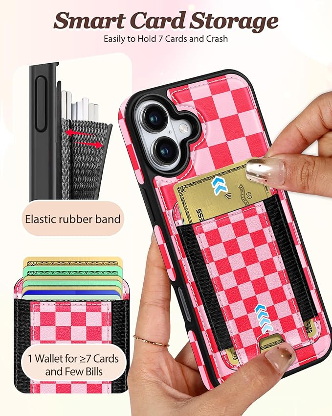 Shorogyt for iPhone 16 Wallet Case - Fits 5 Cards, Compatible with Magsafe Detachable Magnetic Credit Card Holder Leather Cardholder Cute Phone Cover Women Girls for Apple 16, Checkered