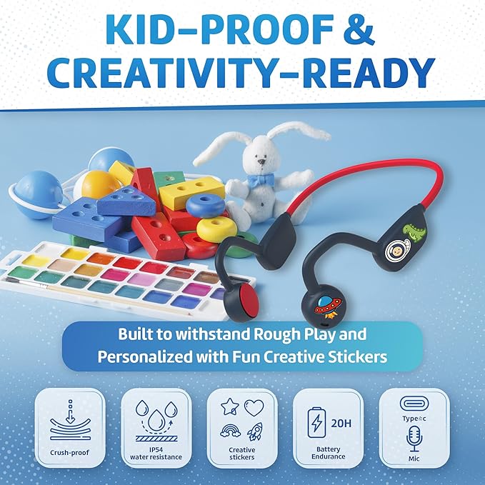 Kids Bluetooth Headphones, Air Conduction Open-Ear Headphones, Mic/Touch, 85dB Limit, Parental Control, Clear Audio, Lightweight, Rugged & Durable, IP54/20H, Earbuds for School/Travel - Blue