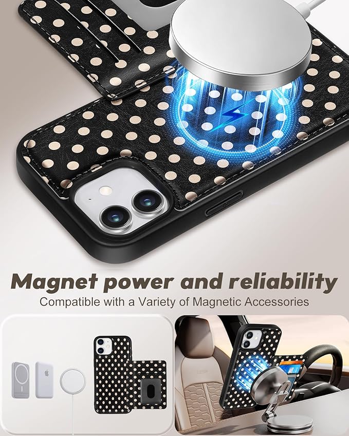 for iPhone 11 Case with Wallet - Fits 4 Card Slots, Compatible with MagSafe for Women Aesthetic Durable PU Leather Credit Card Holder Kickstand Phone Cover for Apple 11, Black Polka