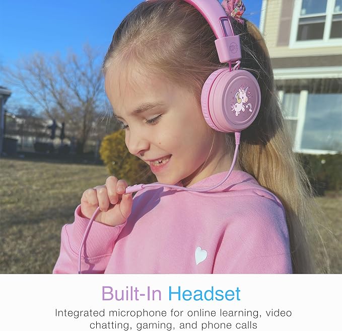 MEE audio KidJamz KJ55 Wired Children’s Headphones with 3.5mm Plug, Colorful Graphics, Volume Limiter & Microphone, Adjustable On-Ear Kids Headset for Online Learning/School/Travel/Tablet (Pink)
