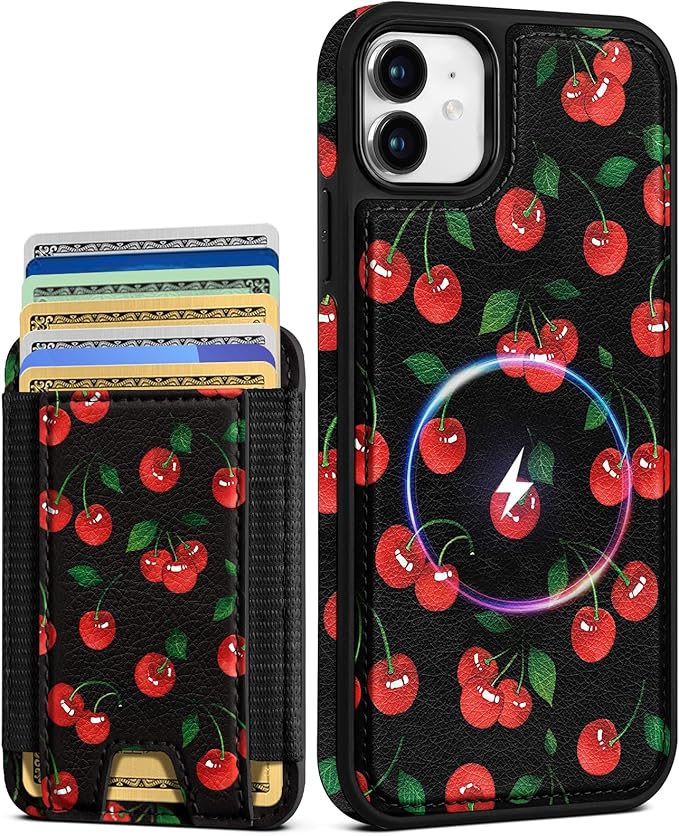 Shorogyt for iPhone 11 Wallet Case - Fits 5 Cards, Compatible with Magsafe Detachable Magnetic Credit Card Holder Leather Cardholder Cute Phone Cover Women Girls for Apple 11, Cherry