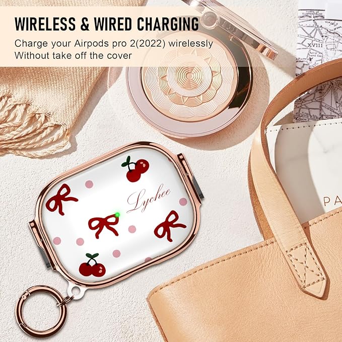 Maxjoy for Cute Airpods Pro 2 case with Safety Lock,Compatible Airpods Pro Case 2nd/1st Gen,Compatible Red Bow Cherry AirPods Case Cover for Women Girly with Keychain-Transparent