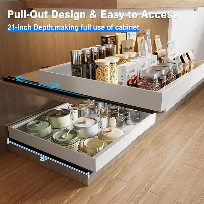 2 Pack Pull Out Cabinet Organizer Expandable, 21"Deep Slide Out Drawer for Cabinets Adhesive Pull Out Drawers Heavy Duty Pull Out Shelves for Kitchen, Cupboard, Pantry, Bathroom(White)