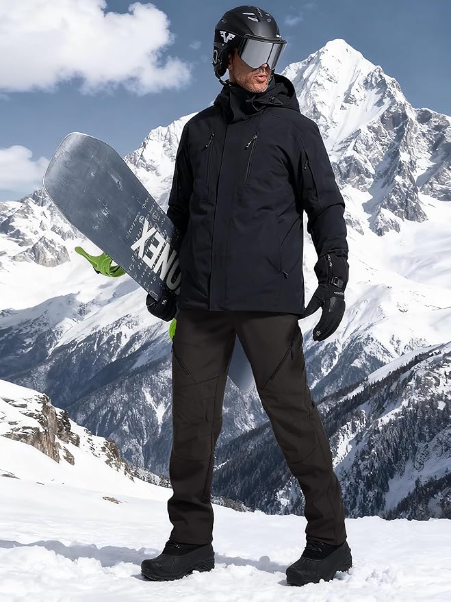 FREE SOLDIER Men's Fleece Lined Outdoor Cargo Hiking Pants Water Repellent Softshell Snow Ski Pants with Zipper Pockets