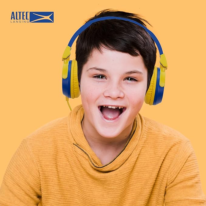 Altec Lansing Kid Safe Wired Headphones, Over Ear Headphones for Kids Ages 3-5, Volume-Limiting Toddler Headphones with Mic, Compact Foldable Kids Headphones with Cord, APA Approved (Blue/Yellow)