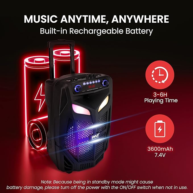 Portable Bluetooth PA Speaker System - 600W 10” Outdoor BT Speaker - Includes 2 Wireless Microphones, Party Lights, USB SD Card Reader, FM Radio, Rolling Wheels - Remote Control - Pyle PPHP101WMB