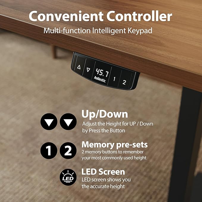 Agilestic Electric Standing Desk - Large 63 x 24 Inches, Height Adjustable Sit Stand Desk for Work & Home, Dark Walnut