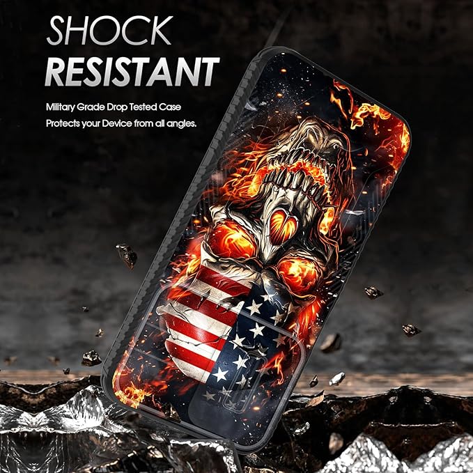 for Galaxy A15 5G Case Built in Slide Camera Lens Cover,Heavy Duty Shockproof Protection Dual Layer Case for Samsung Galaxy A15 5G 6.5 inch 2024,American Flag Flame Skull