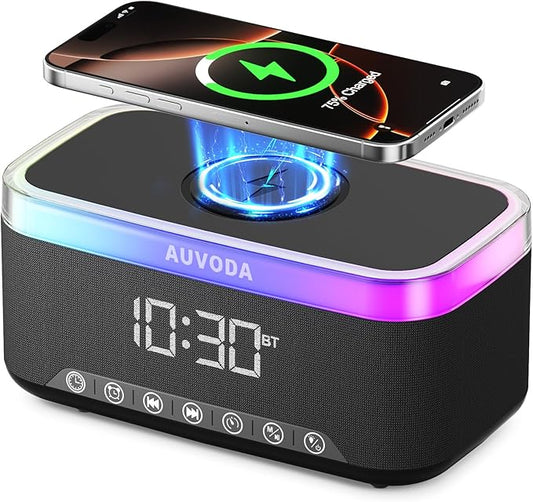 S300 10W Stereo Bluetooth Speaker with 15W Fast Wireless Charging, 13-Color Night Light, Alarm, White Noise, FM Radio, Portable, TWS, BT5.3, for PC, Smartphone, Home, Office & Bedroom (Black)