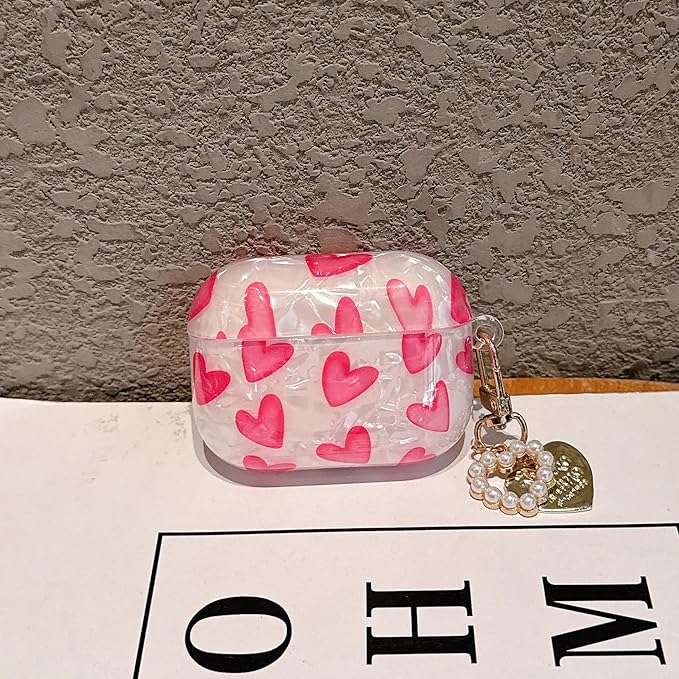 for Airpod Pro 3 Case 2025 Cute for Girls Women Romantic Love Shell Pearl Protective Cover with Keychain Compatible for Airpods Pro 3rd Generation Case (Hot Pink Hearts)