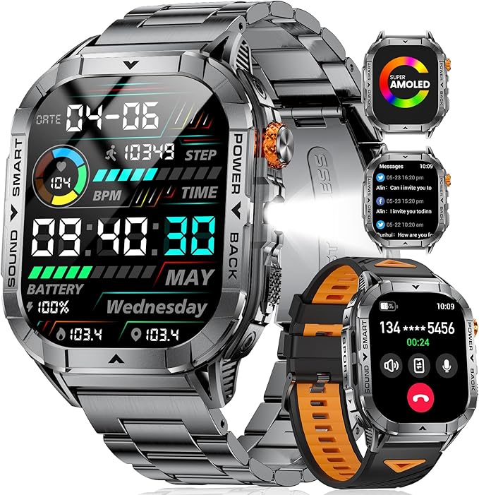 SUNKTA EF17 Military Smart Watch for Men, 2.13'' Amoled HD Display Fitness Tracker Watch with LED Flashlight, Pedometer/100+ Sport Modes/Sleep/5ATM Waterproof Smartwatch, iOS Android Smart Watches