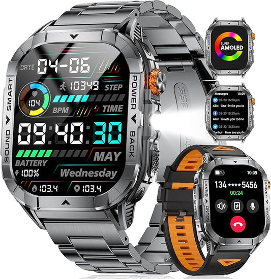 SUNKTA EF17 Military Smart Watch for Men, 2.13'' Amoled HD Display Fitness Tracker Watch with LED Flashlight, Pedometer/100+ Sport Modes/Sleep/5ATM Waterproof Smartwatch, iOS Android Smart Watches