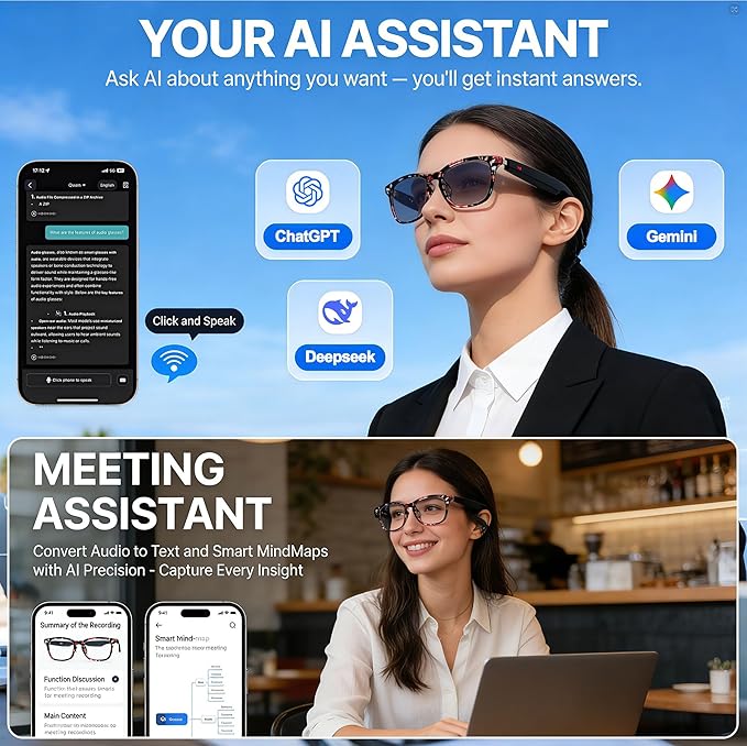 AI Smart Wireless Bluetooth Translation Glasses for Men/Women with Speakers/Bluetooth&140+ Languages Translation Sports/Travel/Drive/Busniess (C3+AI+Color Change Lenses+BaoHua)