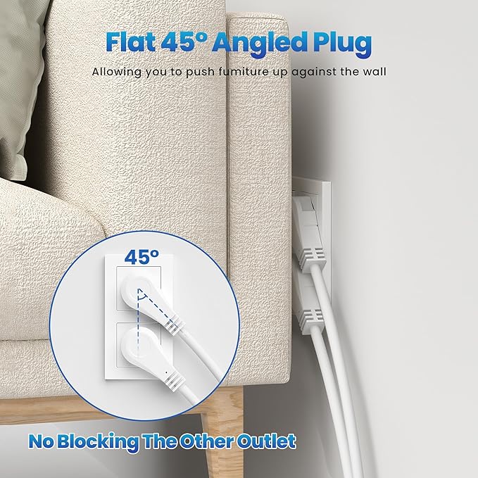 Elecan 3 Prong Power Strip with 4 FT Extension Cord, 5 AC Outlets+1 Widely Spaced Outlet, Space Saving 45 Degree Flat Plug, 14AWG 1875W 125V 15A, Wall Mountable Multi Outlet Extender, ETL, White