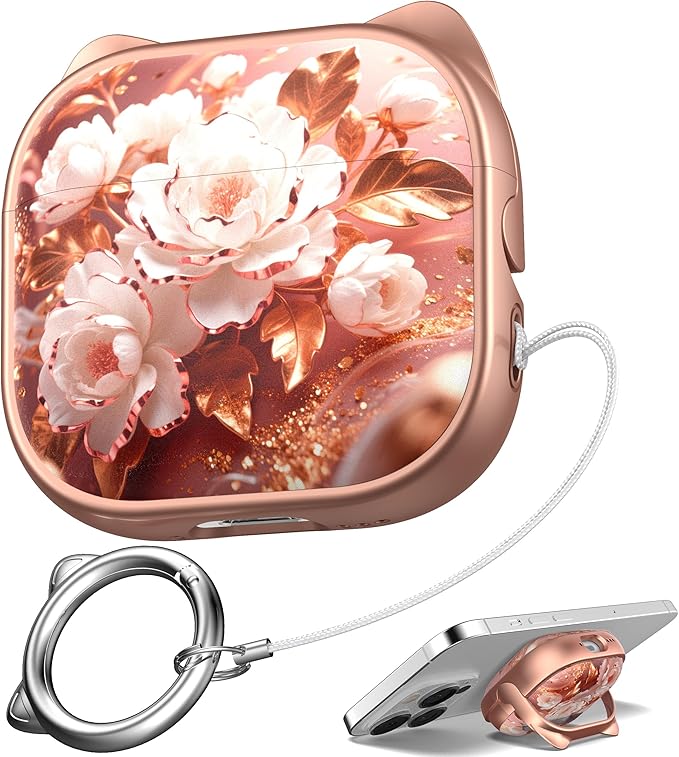for AirPods 4 Case with Cleaning Kit, Cute Cat Ear Print Design & Cute Buckle, Inverted Phone Holder Design, Top Safe Lock Buckle Design, for Girls AirPods 4 case 2024, Rose Gold Peony