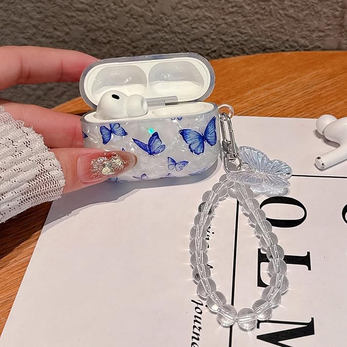 for Airpod Pro 3 Case 2025 Cute White Marble TPU Protective Cover with Keychain Compatible with AirPods Pro 3rd Generation Case for Girls Women (Bluish-Purple Butterfly)