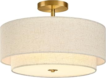 Bagood 3 Light Semi Flush Mount Ceiling Light Fixture 16 Inch Modern Gold Drum Ceiling Light Fixture with 2-Layer Fabric Shade Dimmable Close to Ceiling Light for Living Room Hallway Bedroom Entryway