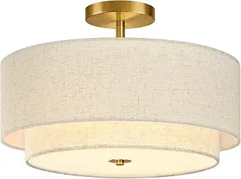 Bagood 3 Light Semi Flush Mount Ceiling Light Fixture 16 Inch Modern Gold Drum Ceiling Light Fixture with 2-Layer Fabric Shade Dimmable Close to Ceiling Light for Living Room Hallway Bedroom Entryway