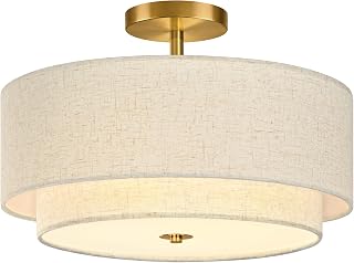 Bagood 3 Light Semi Flush Mount Ceiling Light Fixture 16 Inch Modern Gold Drum Ceiling Light Fixture with 2-Layer Fabric Shade Dimmable Close to Ceiling Light for Living Room Hallway Bedroom Entryway - Image 1