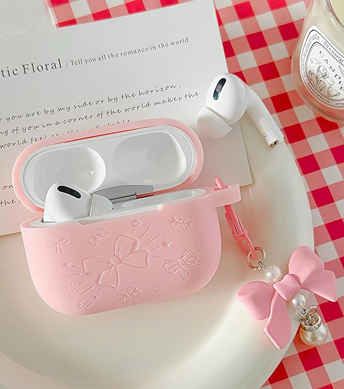 for AirPods Pro 2 Case Cover with Bow Keychain, DamonLight Cute Flower Floral Engraved Silicone Protective Case Cover Compatible with Apple Airpods Pro 2 Case for Women and Girls, Pink