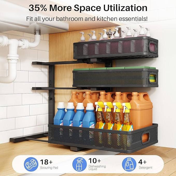 HERJOY Under Sink Organizer, 1-Pack 3-Tier Height Adjustable Thickened Metal Pull out Cabinet Organizer Shelf, Slide out Storage Drawer Rack for Bathroom Kitchen Pantry Home Laundry Organization