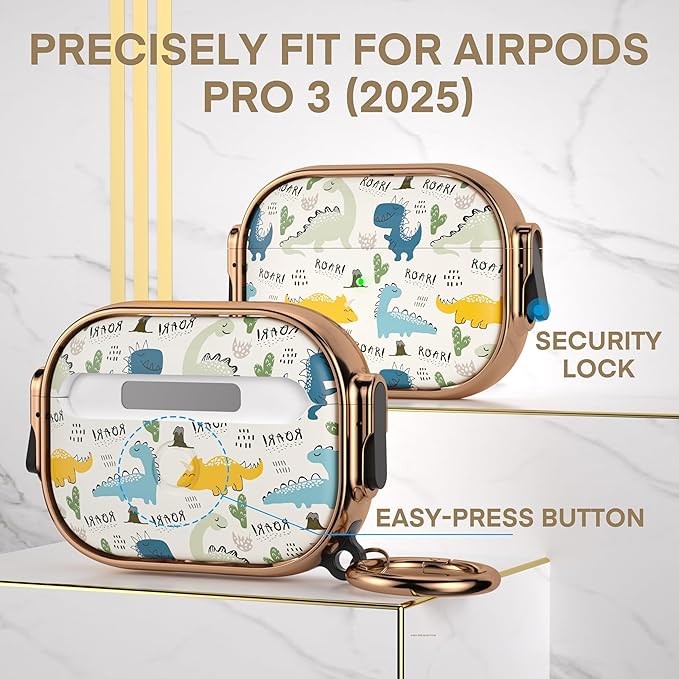 Maxjoy for AirPods Pro 3rd Generation Case with Lock, Cute AirPods Pro 3 Case Lock Protective Hard AirPod Pro 3 Cover for Women Men with Keychain for Airpod Pro 3rd Gen Cover 2025, Dinosaur