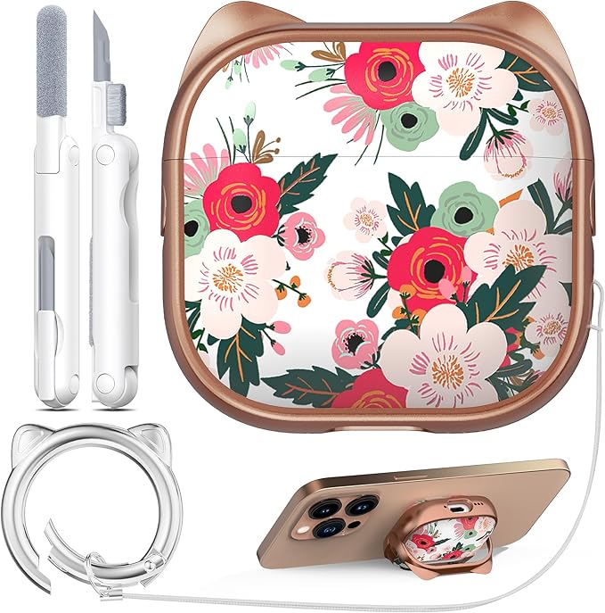 RFUNGUANGO AirPods 4 Case for Women Girly Cat Case with Lock, Phone Stand, Keychain & Cleaner Kit, Compatible with Apple Airpods 4th Generation Case Cover, Rose Gold Flower