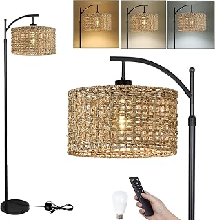 Arc Floor Lamp for Living Room with Remote Control,Farmhouse Boho Floor Lamps with 3 Color Temperature,Rustic Standing Lamp with Rattan Wicker Shades,Adjustable Tall Lamp for Bedroom,Office,Reading - Image 1