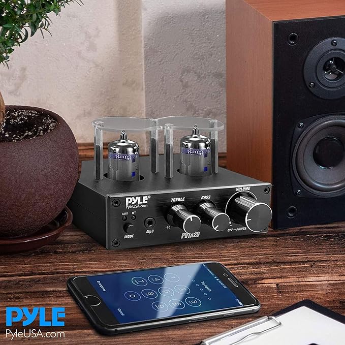 Pyle Bluetooth Tube Amplifier Stereo Receiver - 600W Home Audio Desktop Stereo Vacuum Tube Power Amplifier Receiver w/ 2 Vacuum Tubes, AUX/MP3/Microphone Inputs, Pure Copper Speaker Output - PVTA20