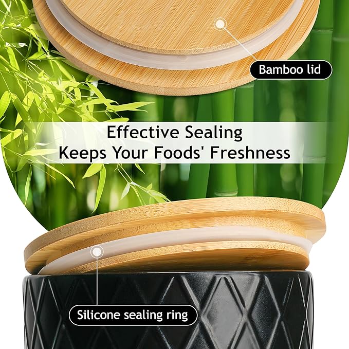 MIAMIO – Set of 3 Canister Sets for Kitchen Counter, Ceramic Kitchen Canister Set with Airtight Seal Wooden Lid - Perfect for Coffee, Tea, Sugar, Flour, Tea, Salt and More