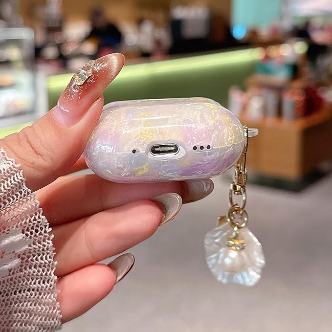 for AirPod 4 Case Cute Shell Pearl Ocean Design for Women Girls TPU Protective Cover with Keychain Compatible for AirPods 4th Generation (Colored Shell)