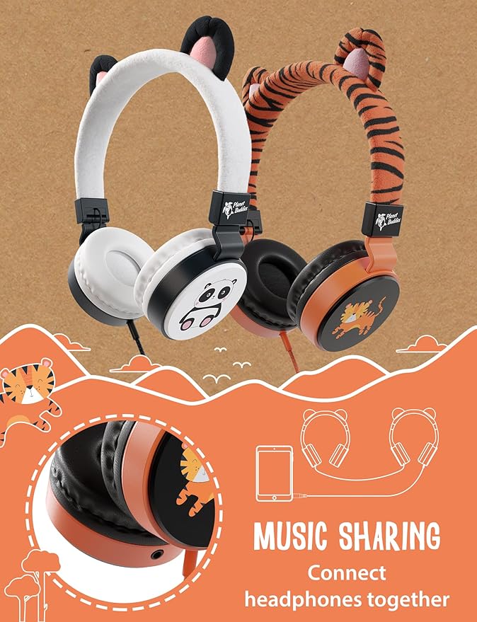Kids Headphones for School with Tiger Cat Ears, Safe Volume Limited, HD Mic Stereo Sound On-Ear Girls Boys Headphones for Kid, Foldable 3.5mm Wired Kids Earphones for iPad, Tablet or Computer - Furry