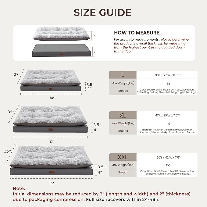 Washable Dog Bed for Medium Large Size Dog, Plush Pillow Pet Bed with Leather Egg-Crate Foam Base, Waterproof Kennel Bed with Removable Cover, 36" x 27" Comfort Cushion Bed, Dark Grey