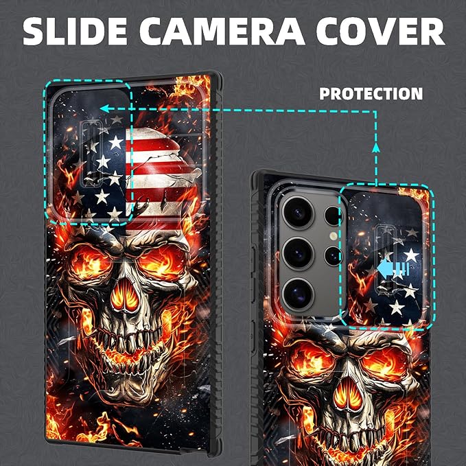 for Galaxy S24 Ultra Case Built in Slide Camera Lens Cover,Heavy Duty Shockproof Protection Dual Layer Case for Samsung Galaxy S24 Ultra 6.8" 2024,American Flag Flame Skull