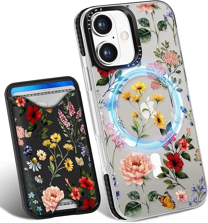 Toycamp for iPhone 17 Case - Compatible with Magsafe Credit Card Holder Wallet Magnetic Cute Women Teen Girls Kawaii Girly Unique Flower Floral Design Phone Cover for Apple 17 Air