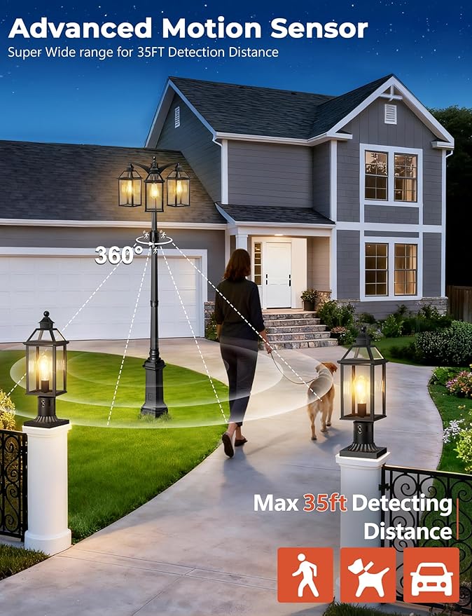 Outdoor Lamp Post Motion Sensor with Outlet, Dusk to Dawn Pole Lights 3-Head, Classic Black 360°Detection Waterproof Anti-Rust Aluminum Street Lighting for Yard Backyard Patio Driveway