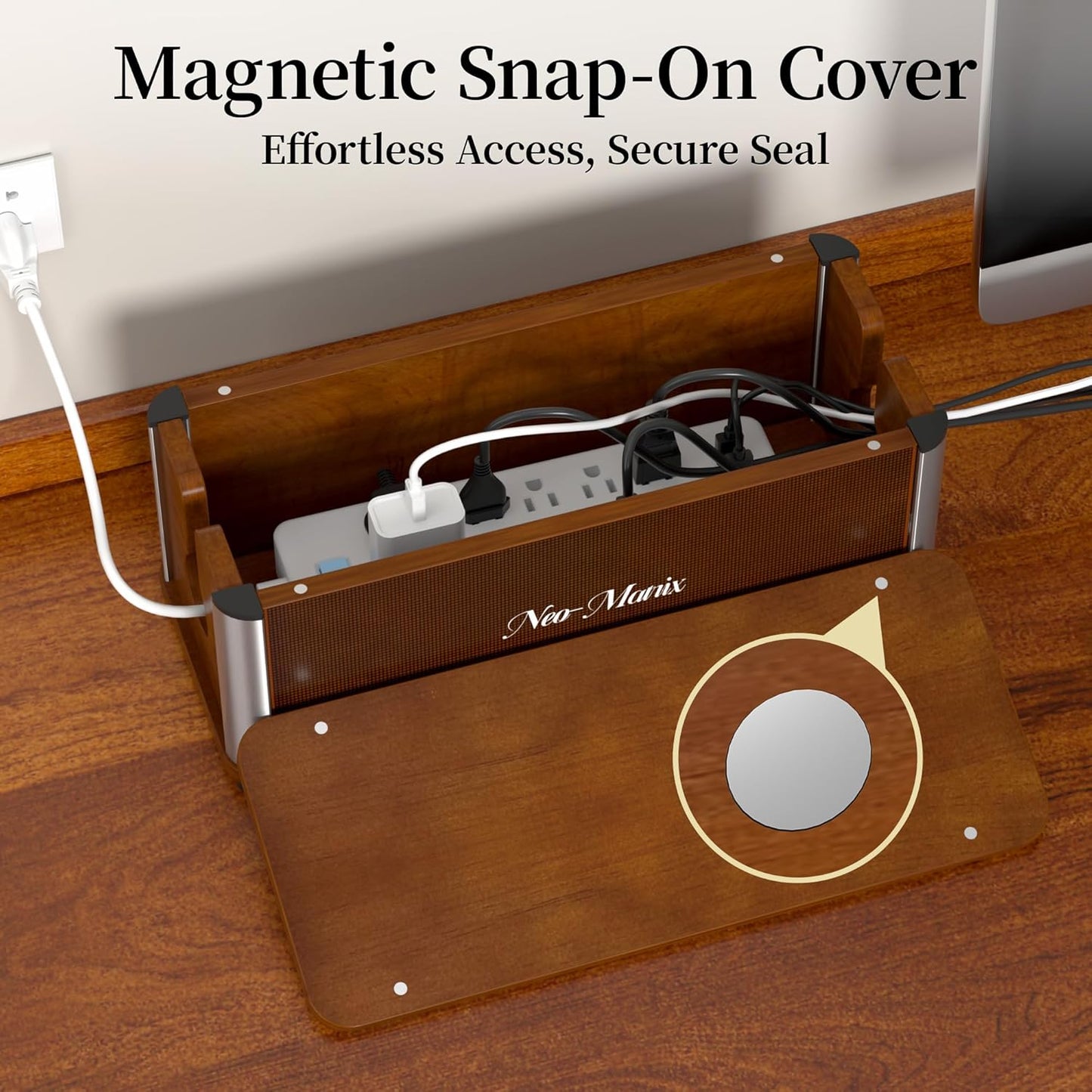 Techloop Living Wooden Cable Management Box – Retro Desk Cord Organizer, Dark Brown 14.3"