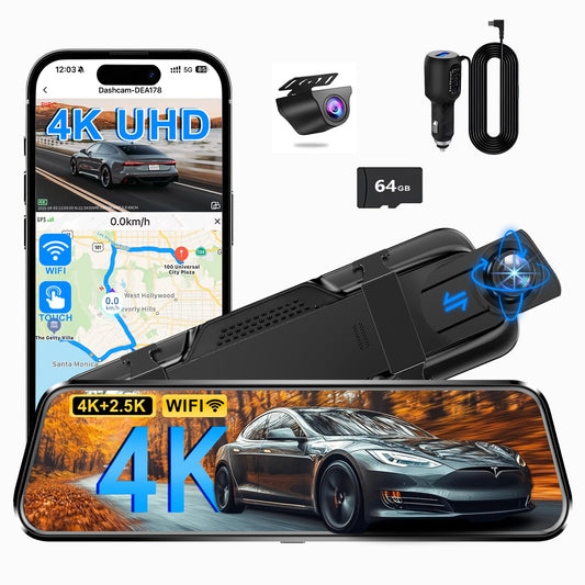4K+2.5K Rearview Mirror Dual Dash Cam for Cars, Night Vision WiFi