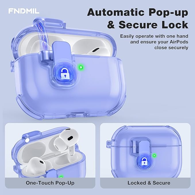 Clear Case for AirPods Pro 2 Case Cover with Lock Safety&Pop Up [Military Shockproof] Anti-Yellow Transparent Wireless Charging for AirPods Pro 2nd/1st Generation Case with Keychain,Clear Blue