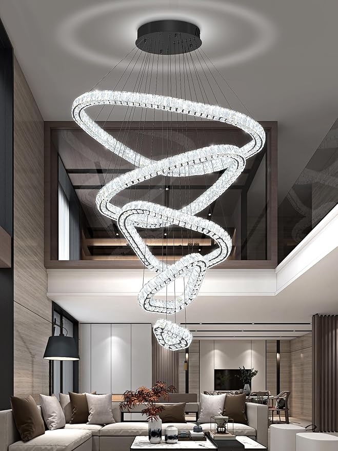 Flashing God H118 Modern Large Chandelier for Foyer 5 Rings Crystal Chandelier Stairway Chandeliers LED Dimmable Crystal Pendant Light for Living Room Entrance Hallway Black