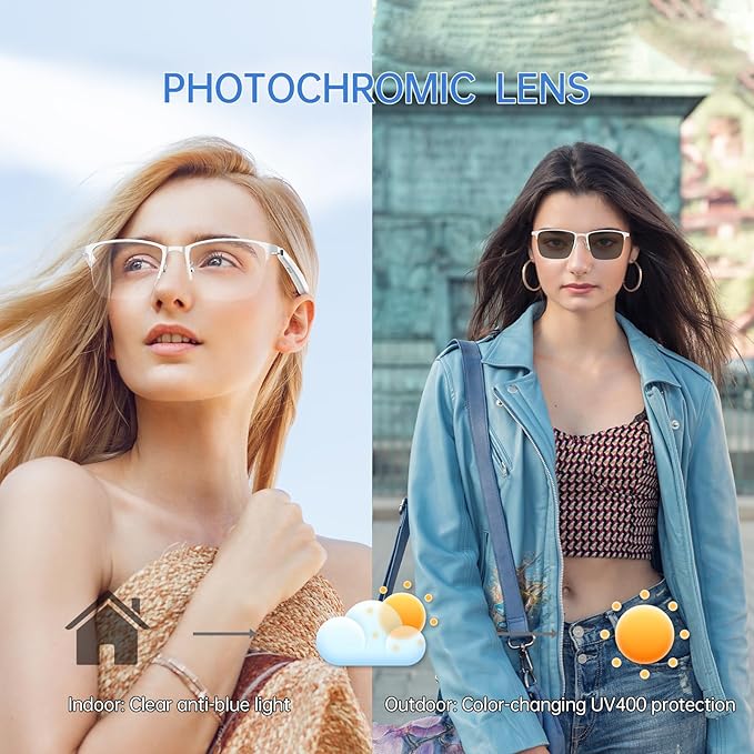 AIRMARS Smart Glasses for Men & Women, Bluetooth Glasses with Photochromic/Blue Light Filter&Polarized Lenses, Smart Sunglasses for Women with Speaker, Interchangeable Frames (Silver)