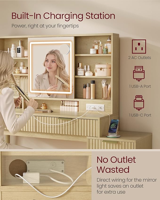 VASAGLE MAXE Collection - Vanity Desk with Sliding Mirror and Lights, Mid Century Modern Fluted Makeup Vanity with 10x Magnifying Mirror, Charging Station, Jewelry Storage, Oak Beige URDT139YC01S