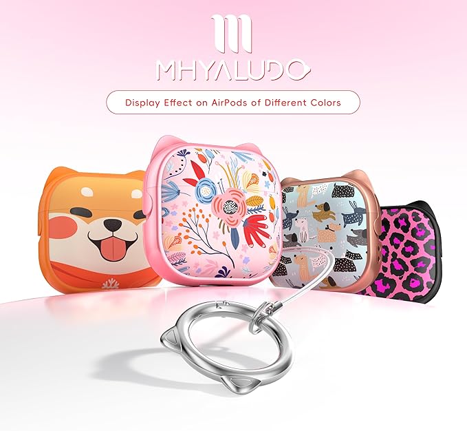 for AirPods 4 Case with Cleaning Kit, Cute Cat Ear Print Design & Cute Buckle, Inverted Phone Holder Design, Top Safe Lock Buckle Design, for Girls AirPods 4 case 2024, Pink Flower