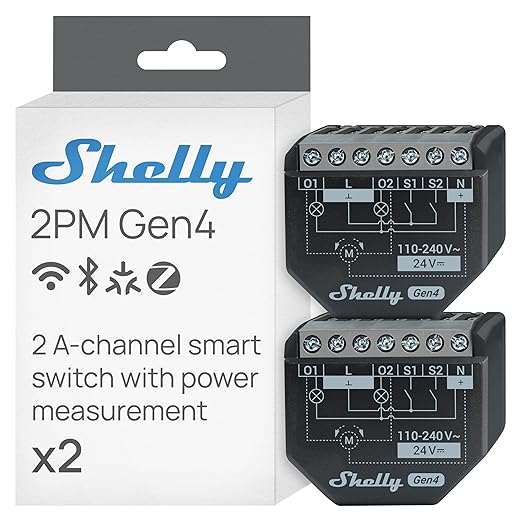 Shelly 2PM Gen4 | Wi-Fi, Zigbee & Matter 2-Channel Smart Relay Switch with Power Metering | Home Automation | Alexa, SmartThings, Google Home, HomeKit Compatible | Roller Shutters Control (2 Pack)