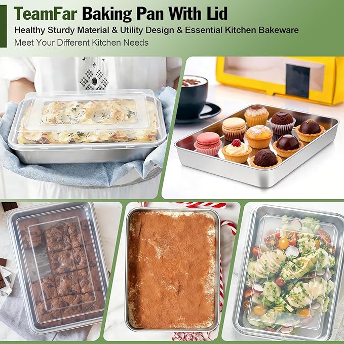 TeamFar Rectangular Cake Pans with Lids, 10.5’’ x 8’’ x 2’’ Stainless Steel Lasagna Brownie Pan For Baking Roasting, Healthy & Solid, Brushed Surface & Dishwasher Safe, (2 Pans+2 Lids)